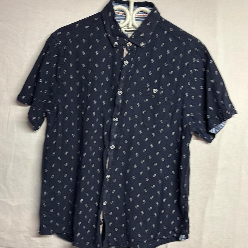 International Men’s Report Navy Linen Cotton Blend Button Front S/S Shirt Large